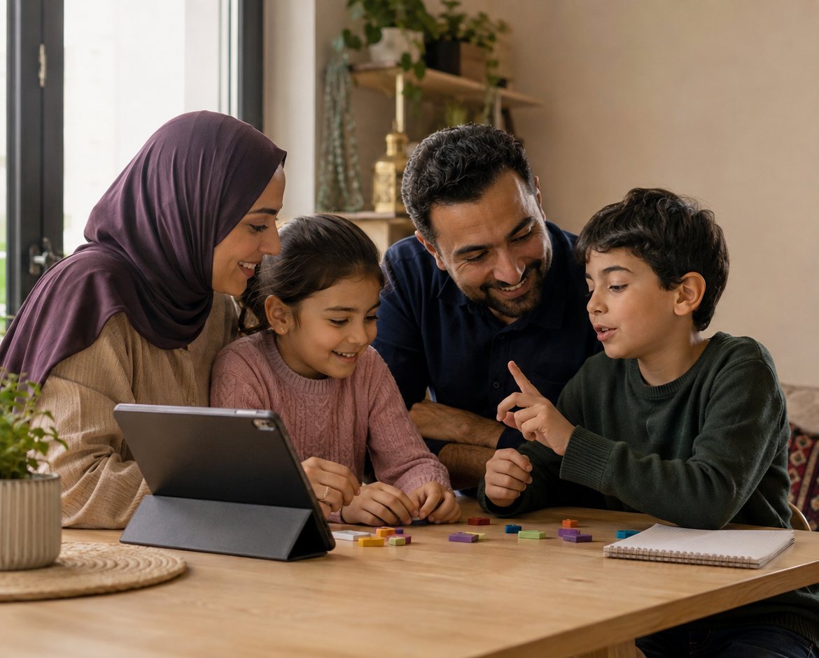 أم وأب يشاركان طفليهما نشاطًا تعليميًا حول جهاز لوحي في جلسة منزلية دافئة