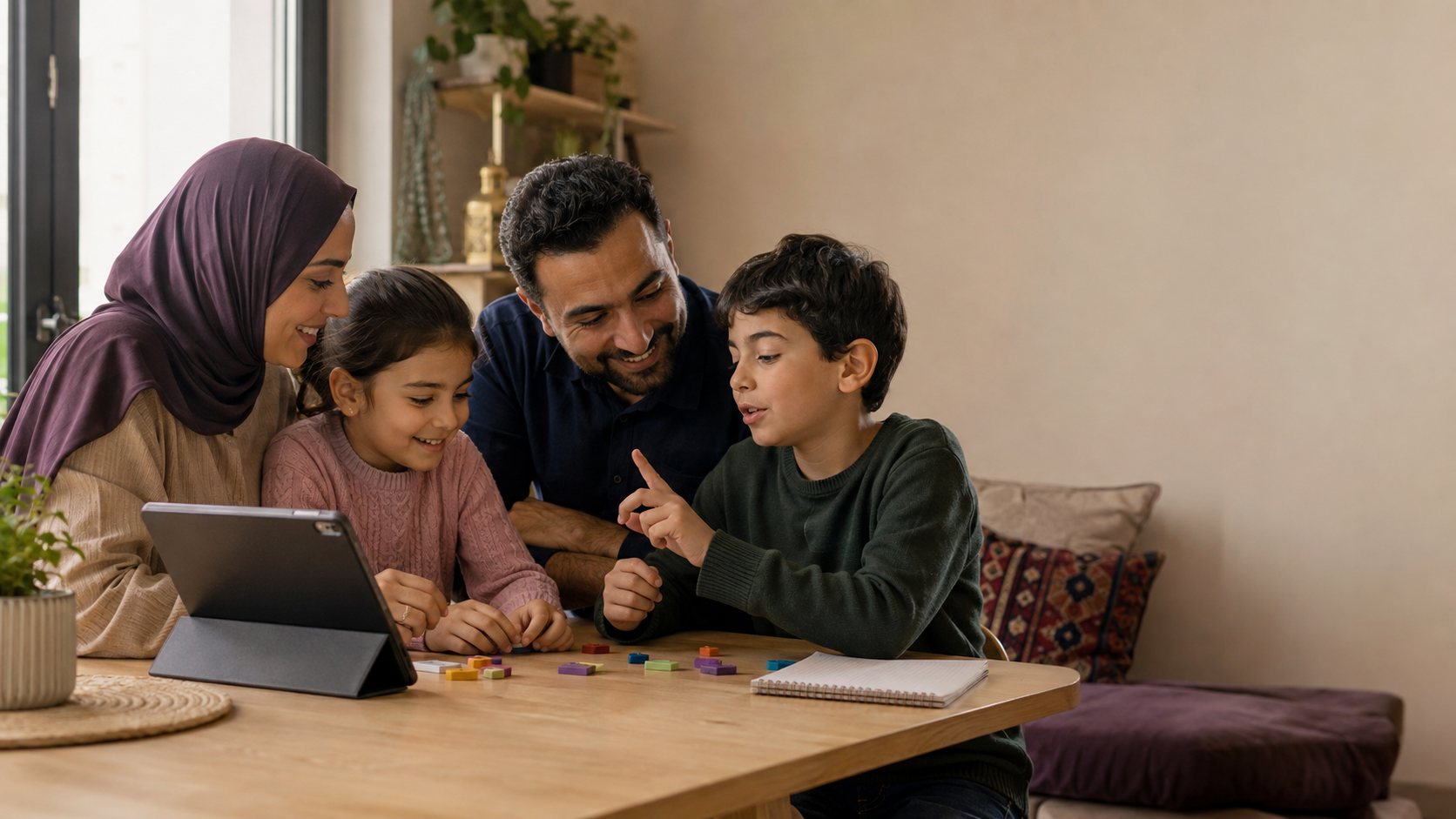 أم وأب يشاركان طفليهما نشاطًا تعليميًا حول جهاز لوحي في جلسة منزلية دافئة